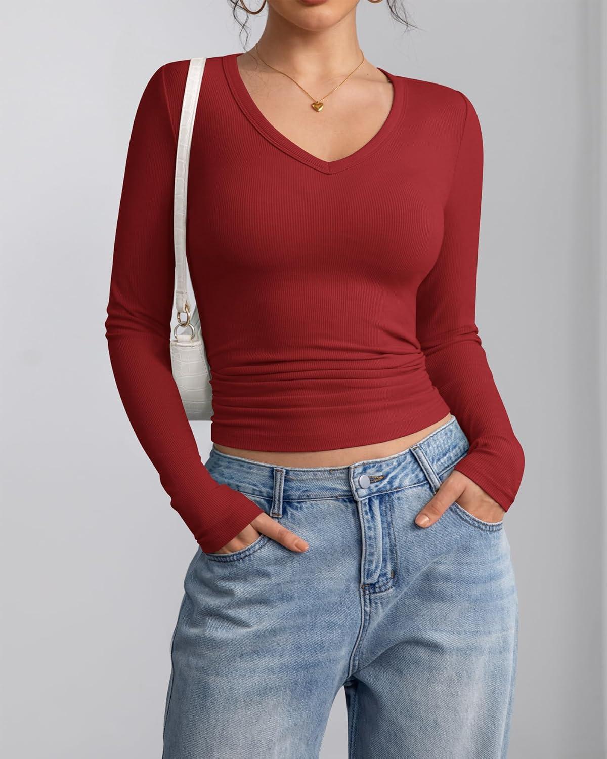 imageATHMILE Women Short Sleeve V Neck Ribbed Knit Fitted Shirts Basic Tees Tops 2025 Summer Casual TShirts Going Out OutfitsLdark Red