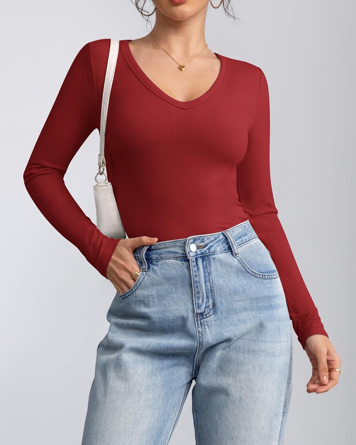 imageATHMILE Women Short Sleeve V Neck Ribbed Knit Fitted Shirts Basic Tees Tops 2025 Summer Casual TShirts Going Out OutfitsLdark Red