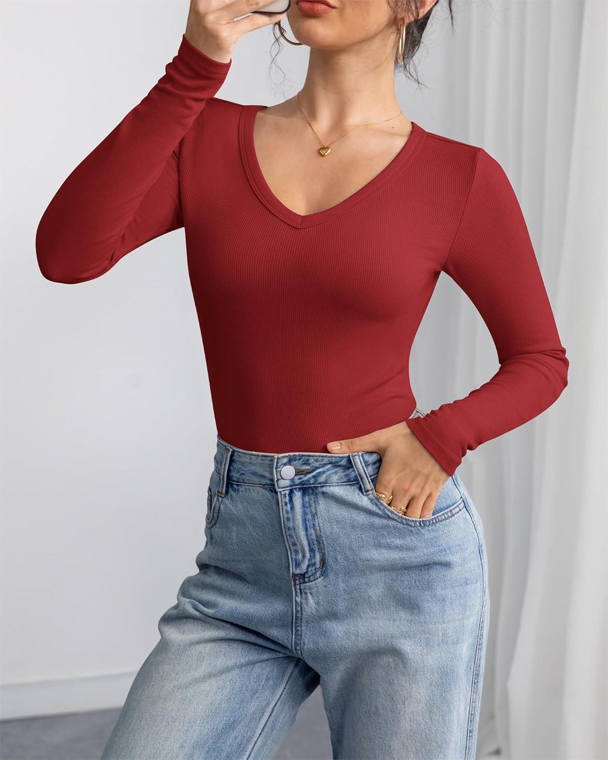 imageATHMILE Women Short Sleeve V Neck Ribbed Knit Fitted Shirts Basic Tees Tops 2025 Summer Casual TShirts Going Out OutfitsLdark Red