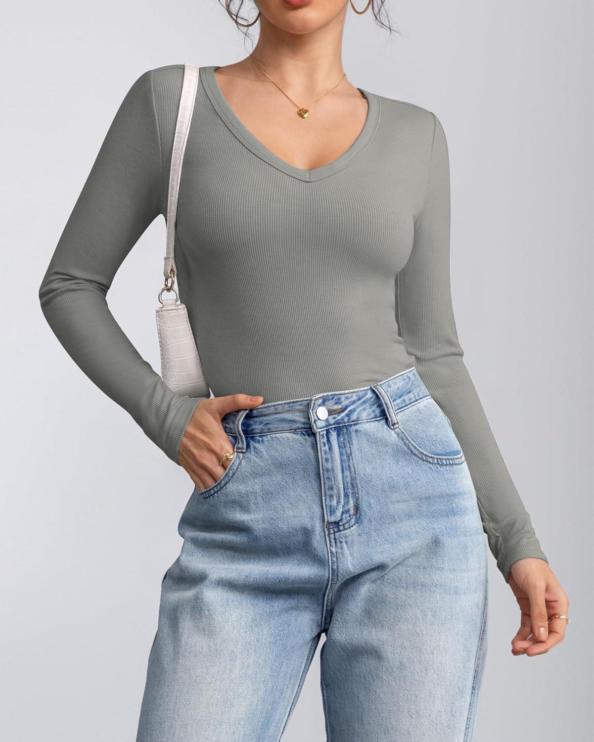 imageATHMILE Women Short Sleeve V Neck Ribbed Knit Fitted Shirts Basic Tees Tops 2025 Summer Casual TShirts Going Out OutfitsLgrey