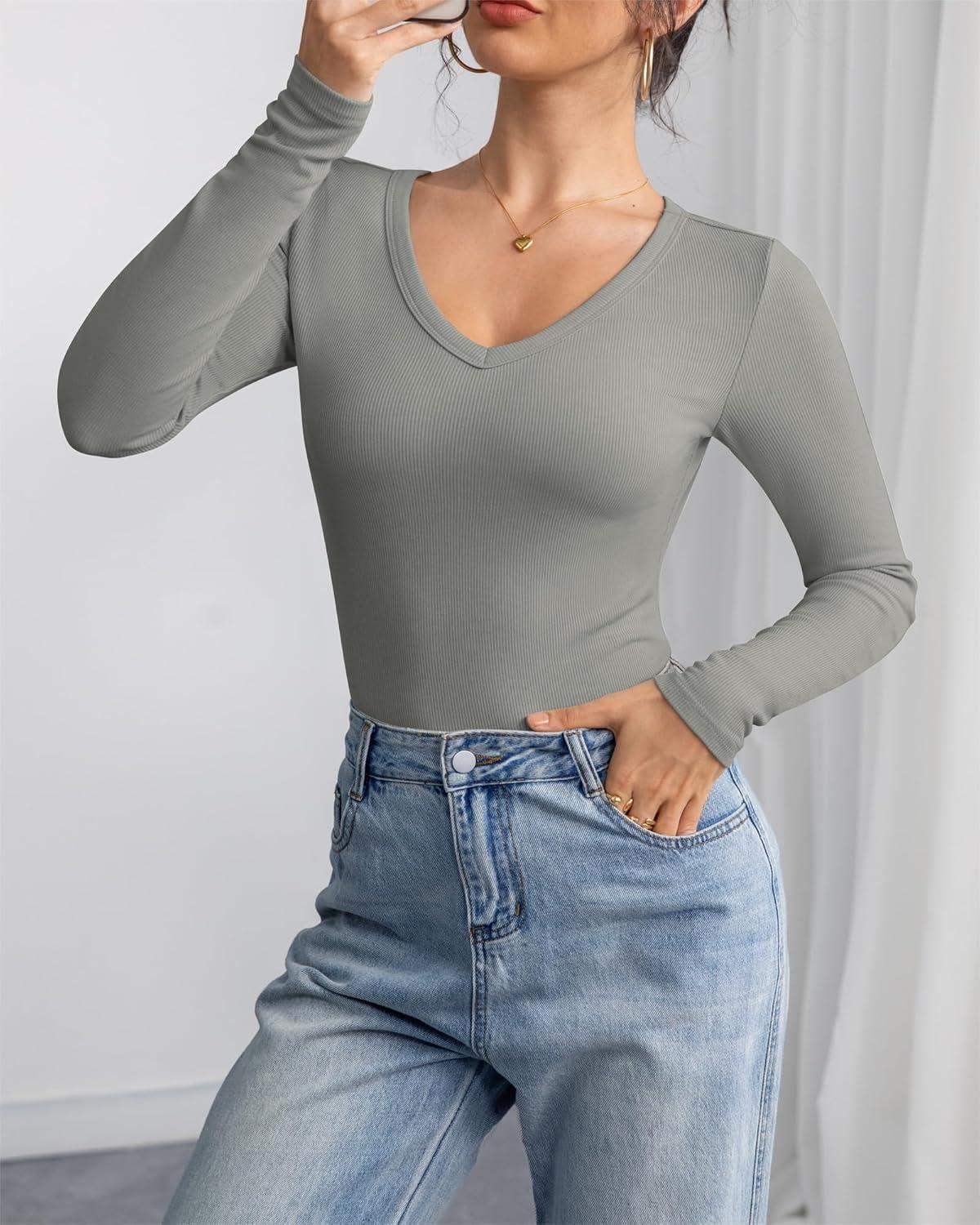 imageATHMILE Women Short Sleeve V Neck Ribbed Knit Fitted Shirts Basic Tees Tops 2025 Summer Casual TShirts Going Out OutfitsLgrey