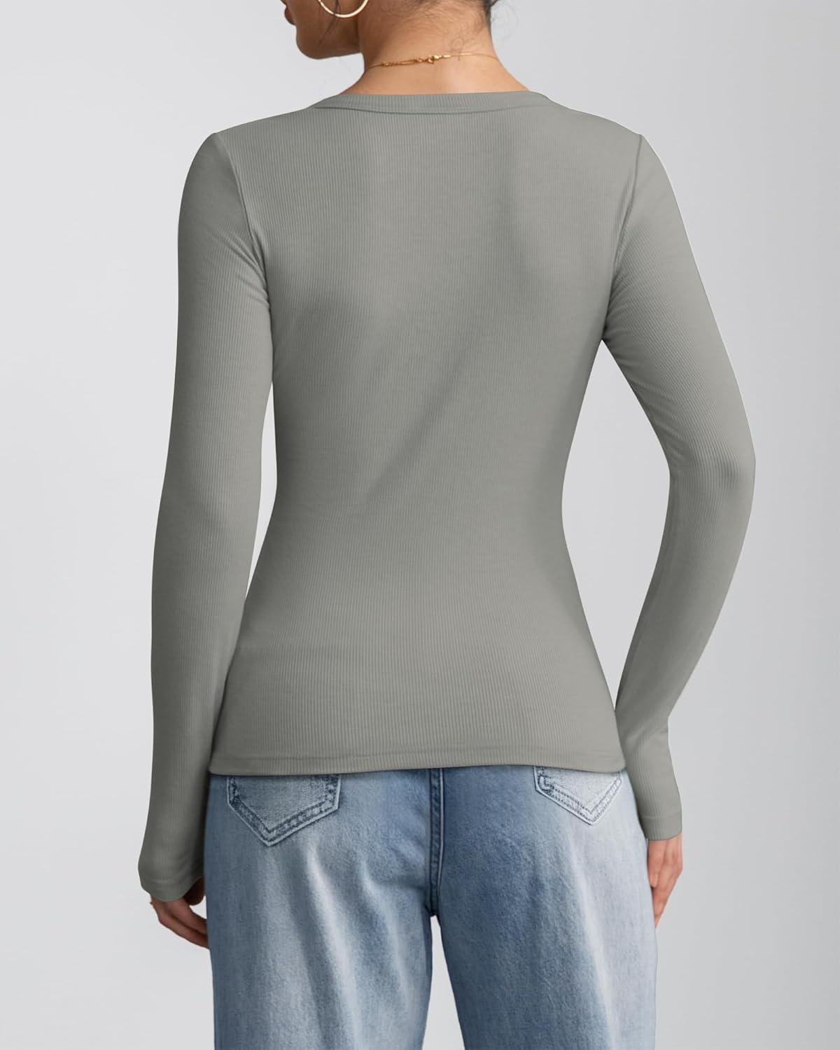 imageATHMILE Women Short Sleeve V Neck Ribbed Knit Fitted Shirts Basic Tees Tops 2025 Summer Casual TShirts Going Out OutfitsLgrey