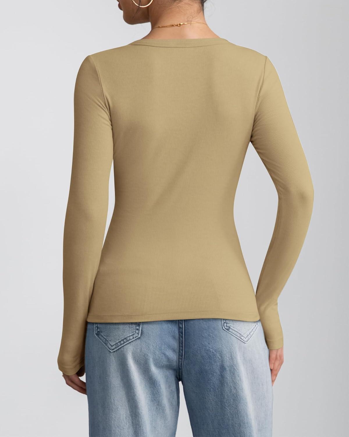 imageATHMILE Women Short Sleeve V Neck Ribbed Knit Fitted Shirts Basic Tees Tops 2025 Summer Casual TShirts Going Out OutfitsLkhaki