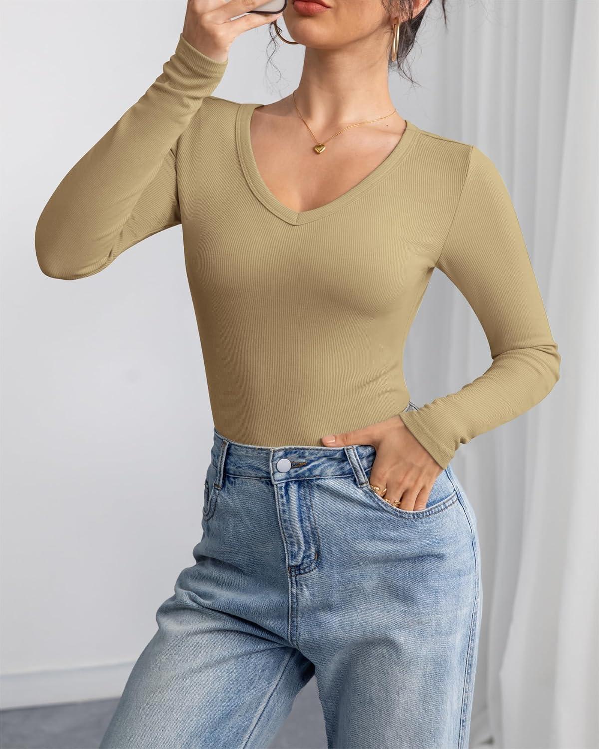 imageATHMILE Women Short Sleeve V Neck Ribbed Knit Fitted Shirts Basic Tees Tops 2025 Summer Casual TShirts Going Out OutfitsLkhaki
