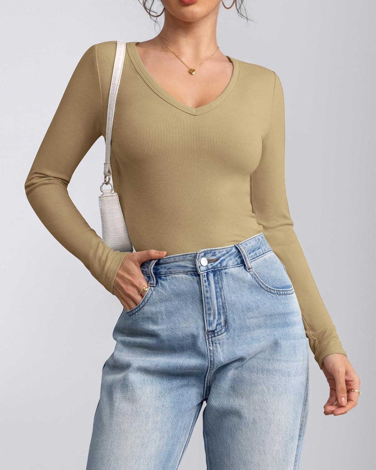 imageATHMILE Women Short Sleeve V Neck Ribbed Knit Fitted Shirts Basic Tees Tops 2025 Summer Casual TShirts Going Out OutfitsLkhaki