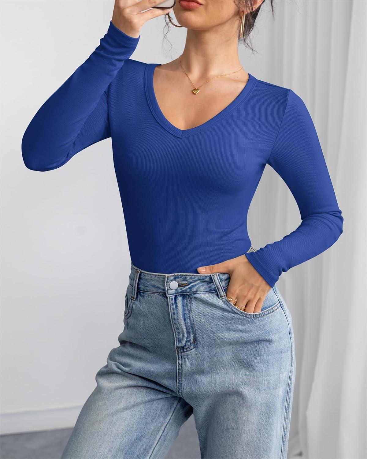 imageATHMILE Women Short Sleeve V Neck Ribbed Knit Fitted Shirts Basic Tees Tops 2025 Summer Casual TShirts Going Out OutfitsLroyal Blue