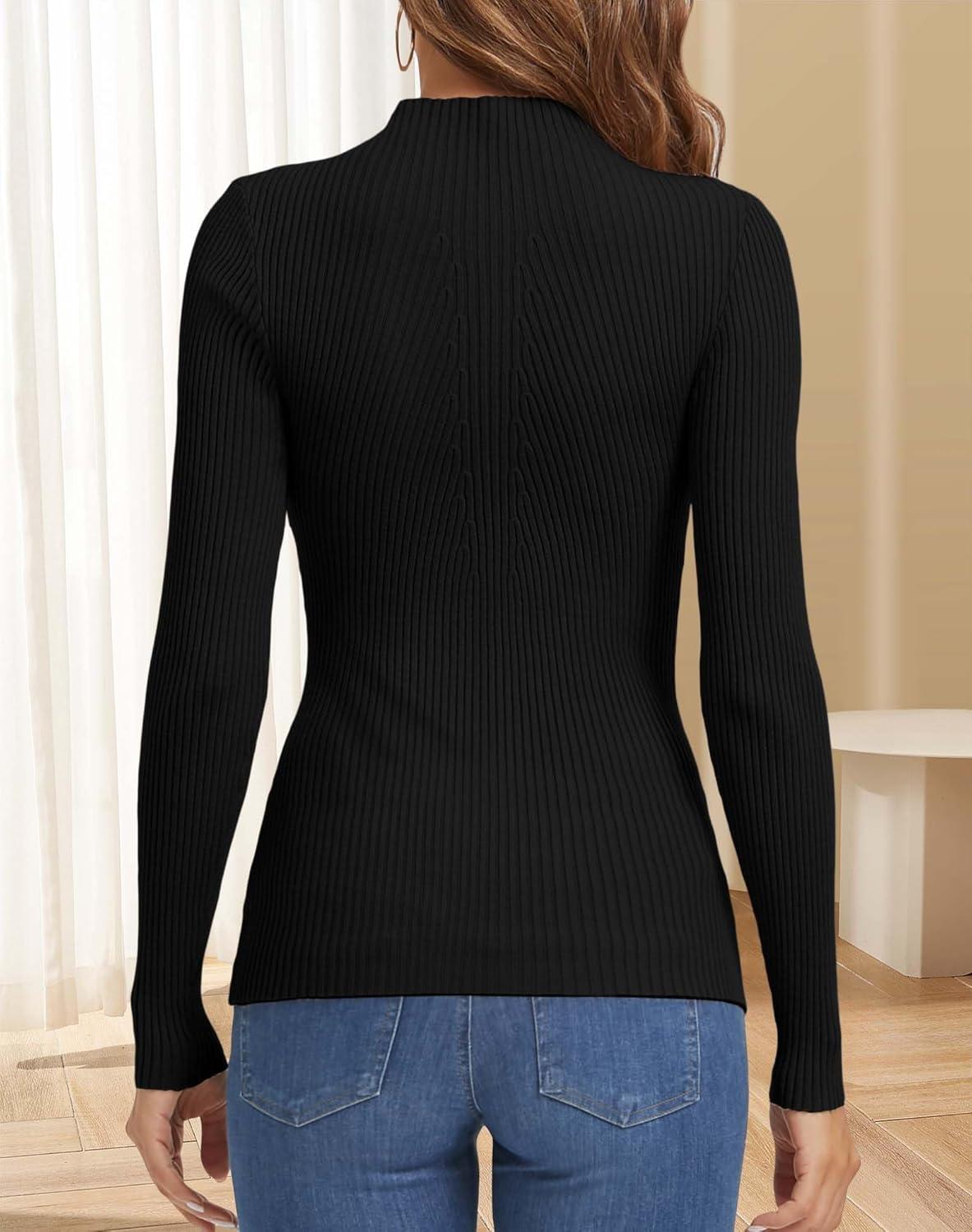 imageATHMILE Womens 2025 Fall Long Sleeve Pullover Ribbed Knit Sweater Low Mock Neck Slim Fit Basic Casual Tee TopsBlack