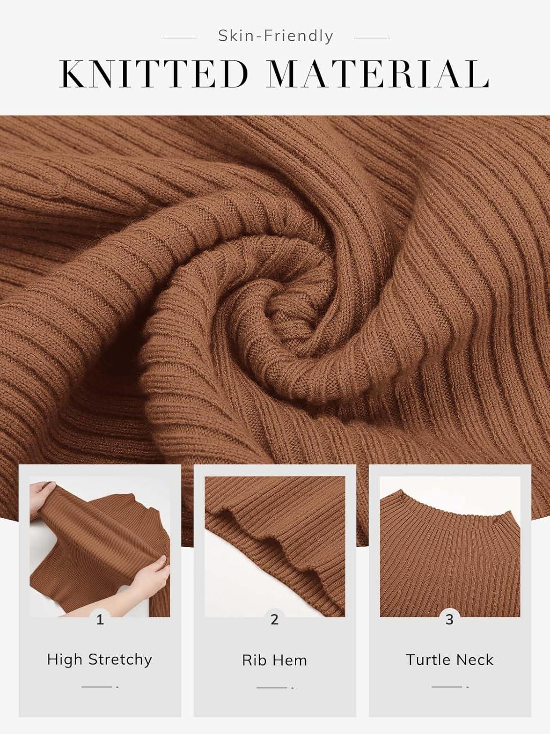 imageATHMILE Womens 2025 Fall Long Sleeve Pullover Ribbed Knit Sweater Low Mock Neck Slim Fit Basic Casual Tee TopsBrown