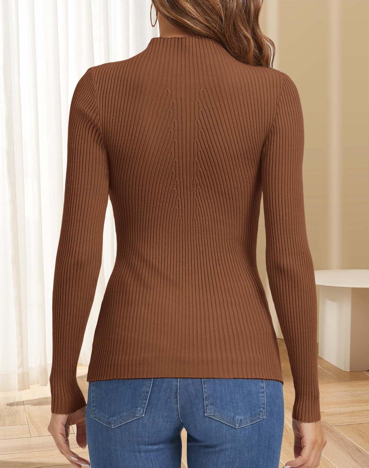 imageATHMILE Womens 2025 Fall Long Sleeve Pullover Ribbed Knit Sweater Low Mock Neck Slim Fit Basic Casual Tee TopsBrown