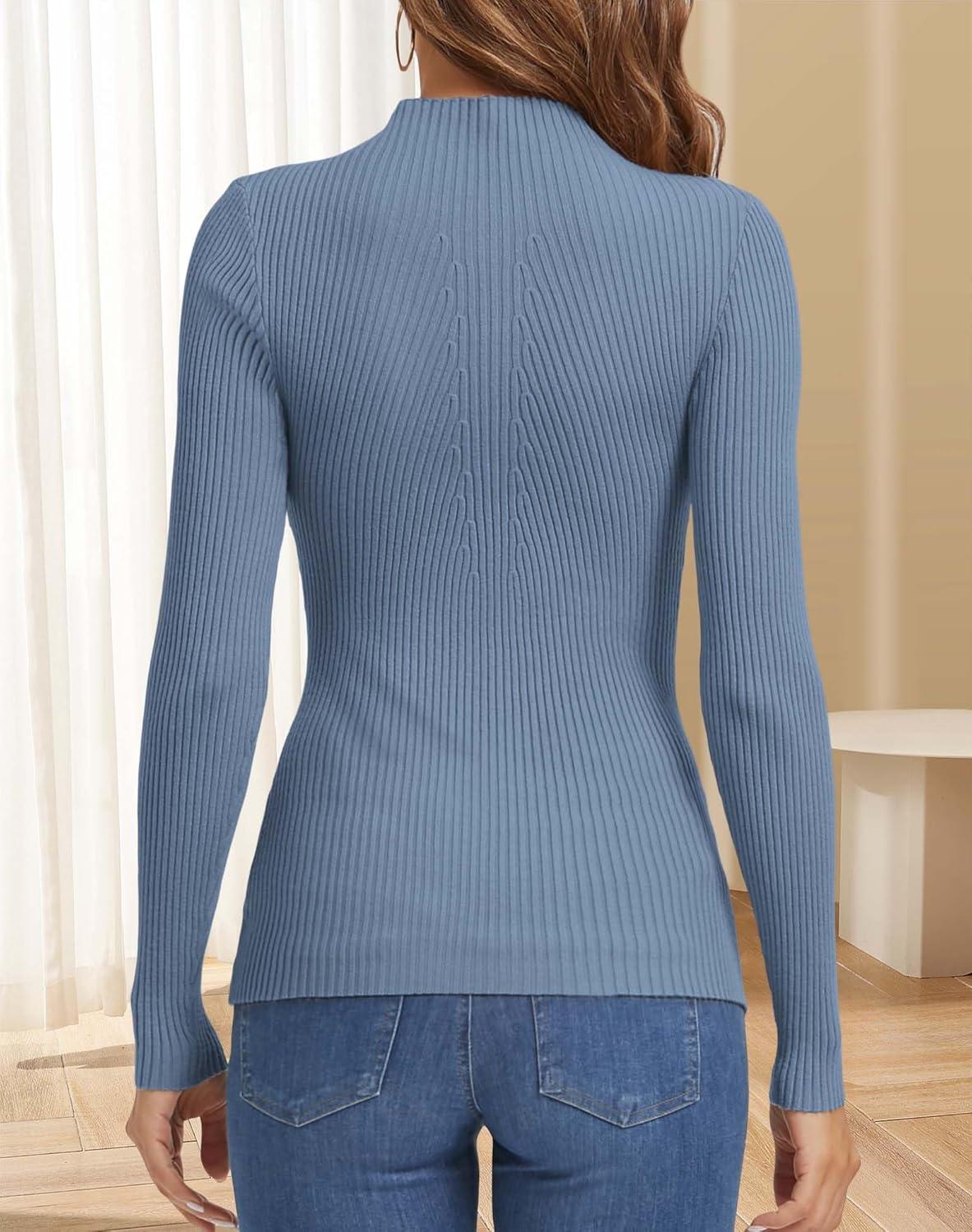 imageATHMILE Womens 2025 Fall Long Sleeve Pullover Ribbed Knit Sweater Low Mock Neck Slim Fit Basic Casual Tee TopsDusty Blue