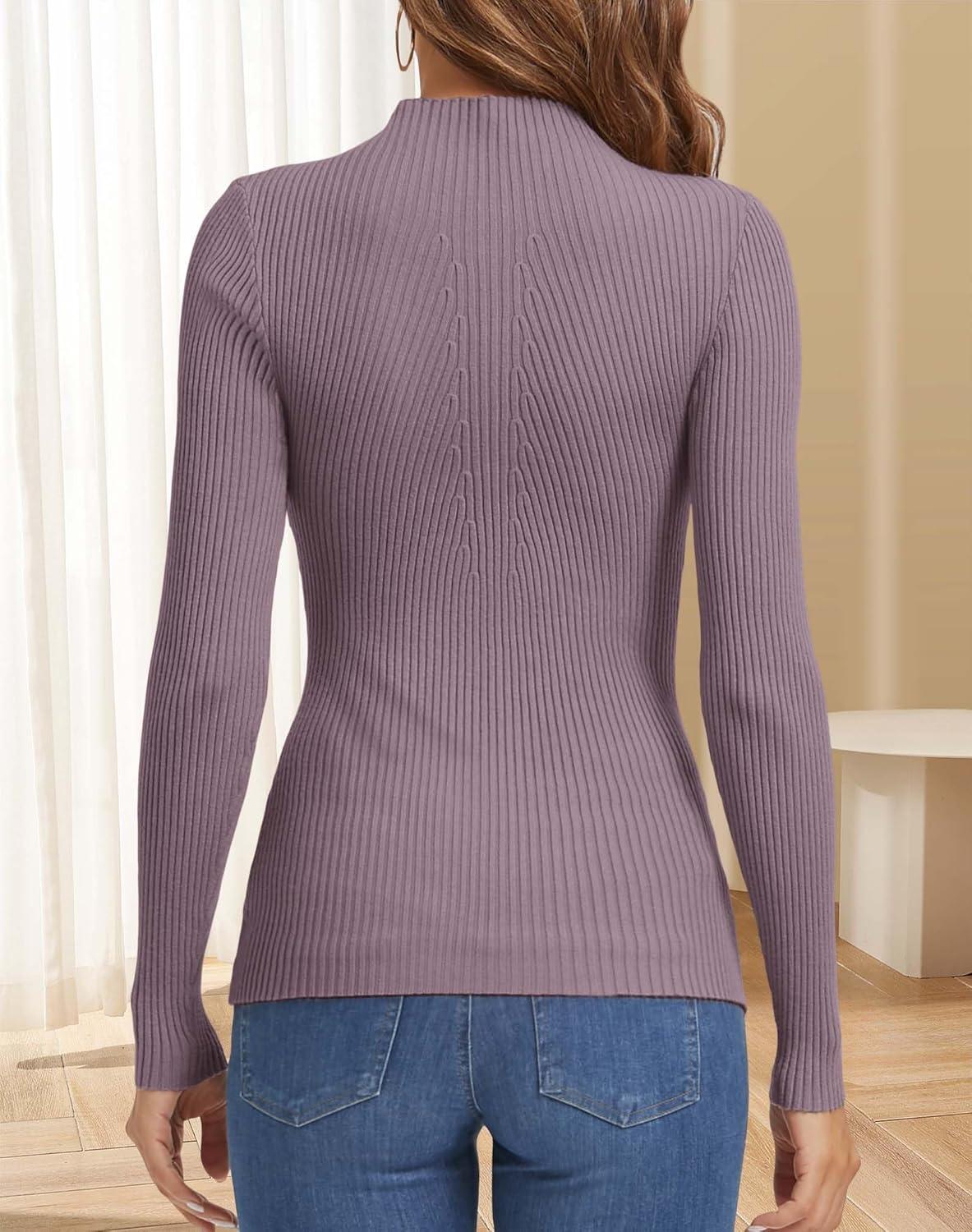 imageATHMILE Womens 2025 Fall Long Sleeve Pullover Ribbed Knit Sweater Low Mock Neck Slim Fit Basic Casual Tee TopsGray Purple