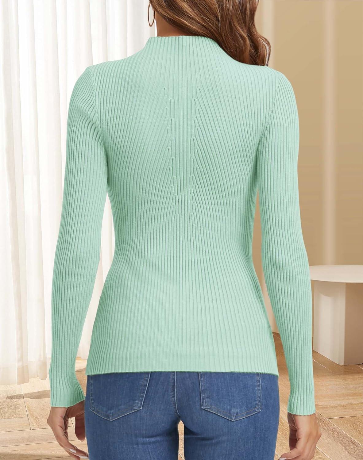 imageATHMILE Womens 2025 Fall Long Sleeve Pullover Ribbed Knit Sweater Low Mock Neck Slim Fit Basic Casual Tee TopsMint Green