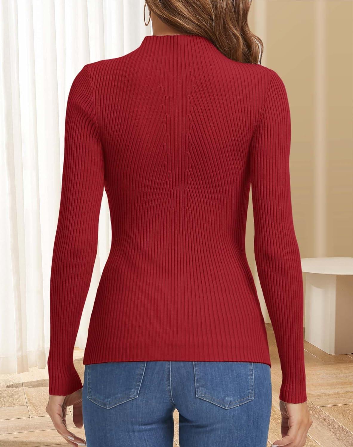 imageATHMILE Womens 2025 Fall Long Sleeve Pullover Ribbed Knit Sweater Low Mock Neck Slim Fit Basic Casual Tee TopsRed