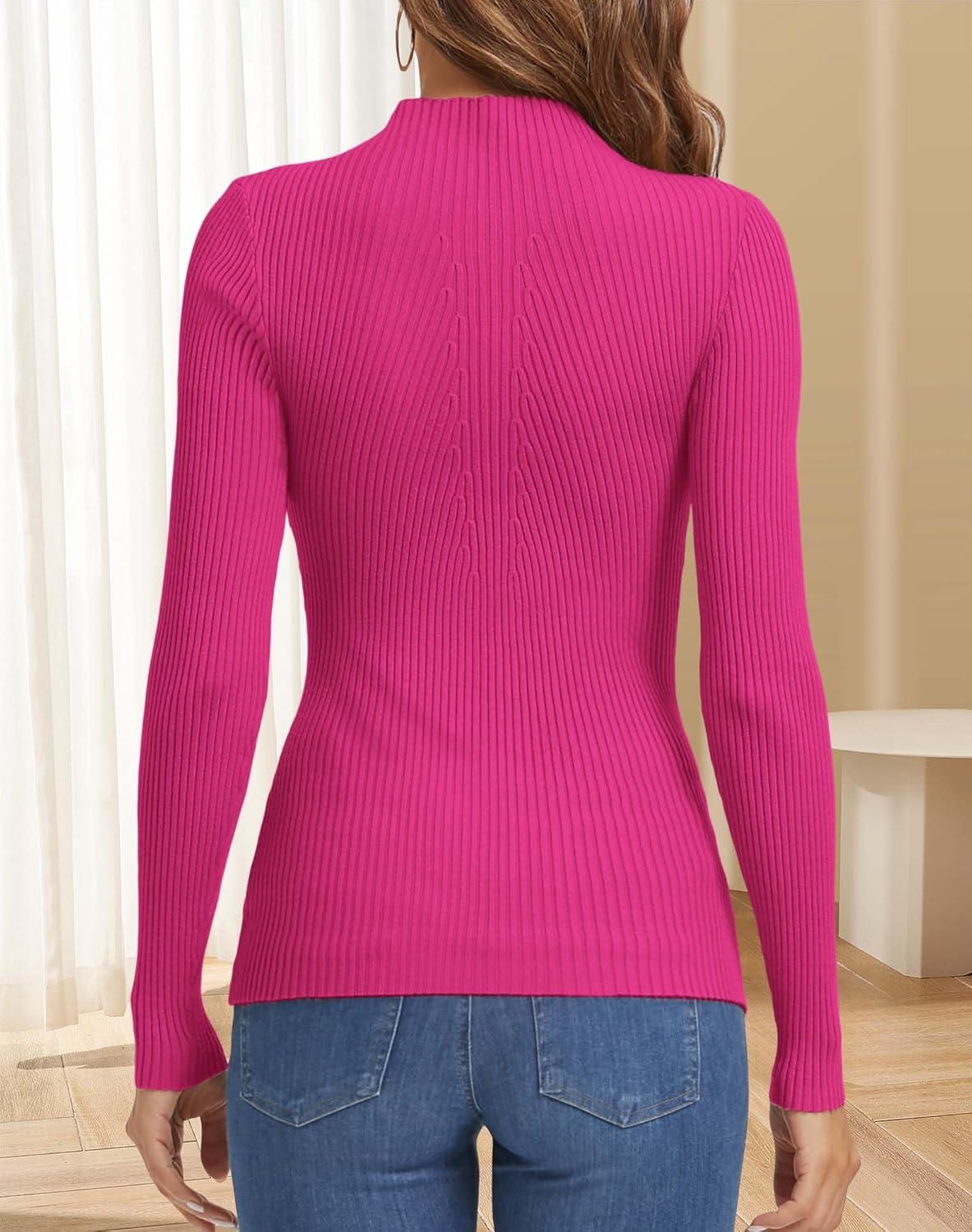 imageATHMILE Womens 2025 Fall Long Sleeve Pullover Ribbed Knit Sweater Low Mock Neck Slim Fit Basic Casual Tee TopsRose Red