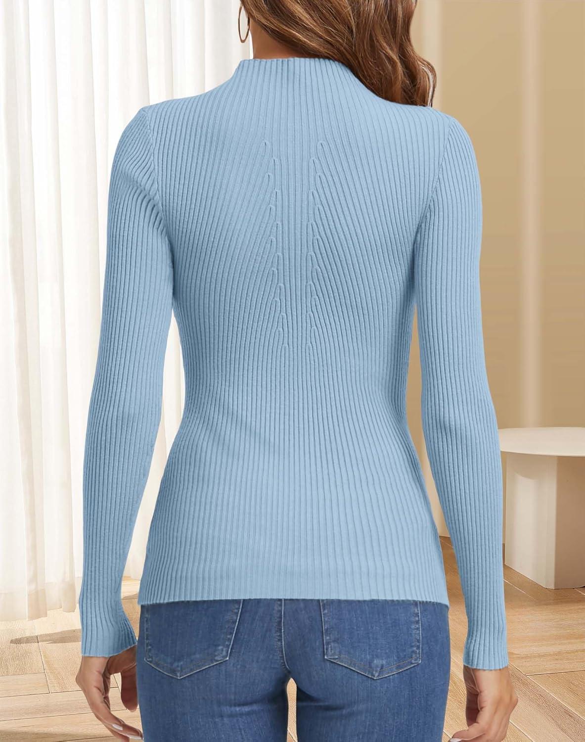imageATHMILE Womens 2025 Fall Long Sleeve Pullover Ribbed Knit Sweater Low Mock Neck Slim Fit Basic Casual Tee TopsSky Blue