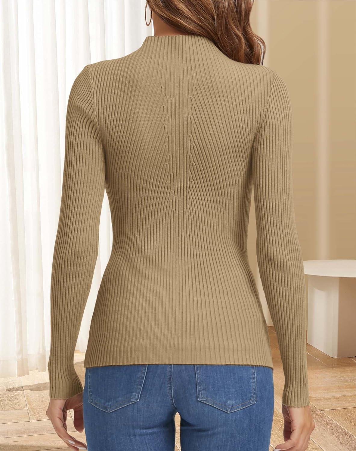 imageATHMILE Womens 2025 Fall Long Sleeve Pullover Ribbed Knit Sweater Low Mock Neck Slim Fit Basic Casual Tee TopsToffee