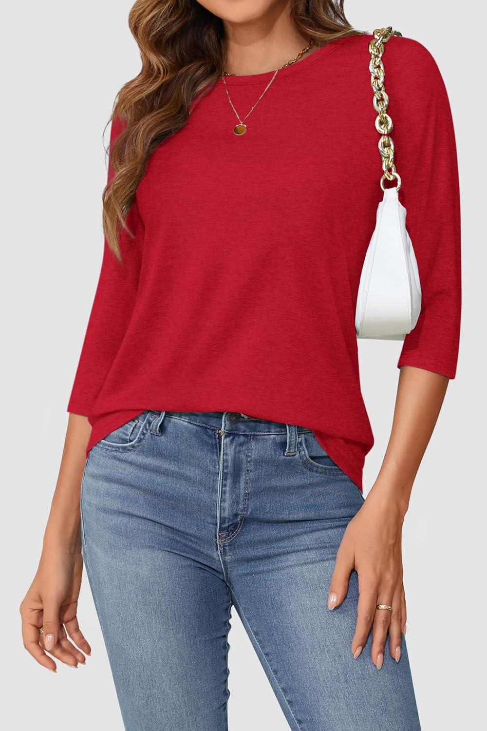 imageATHMILE Womens 34 Sleeve TShirts Summer Tops Fall Fashion Blouses Beach Vacation Clothes Spring Tunic 2025 TrendyRed