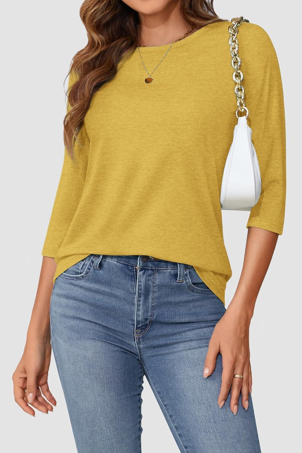 imageATHMILE Womens 34 Sleeve TShirts Summer Tops Fall Fashion Blouses Beach Vacation Clothes Spring Tunic 2025 TrendyYellow