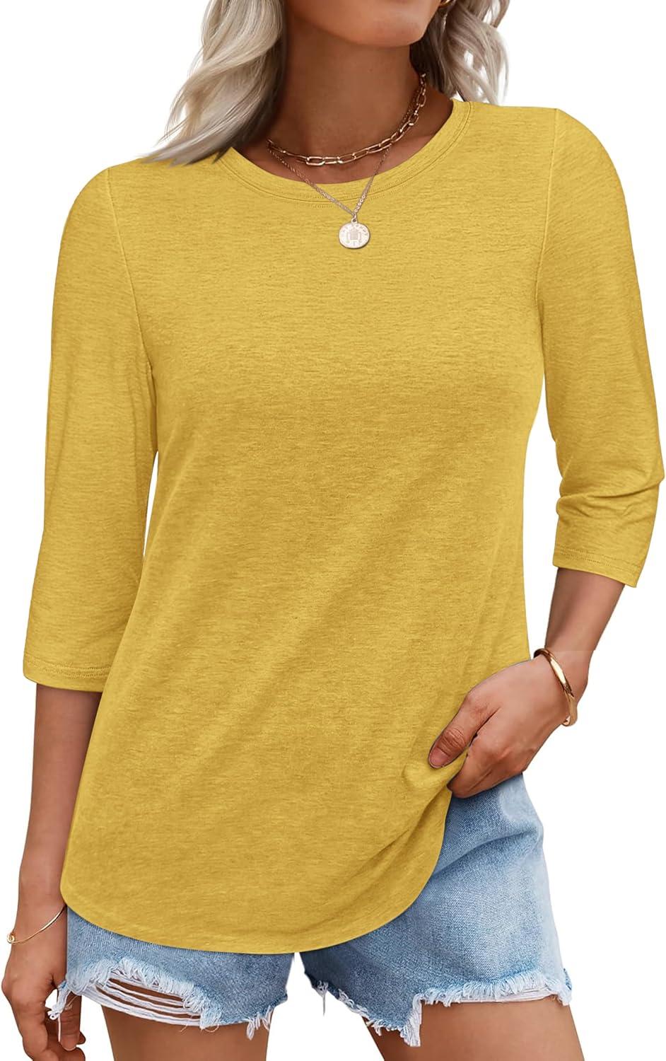 imageATHMILE Womens 34 Sleeve TShirts Summer Tops Fall Fashion Blouses Beach Vacation Clothes Spring Tunic 2025 TrendyYellow