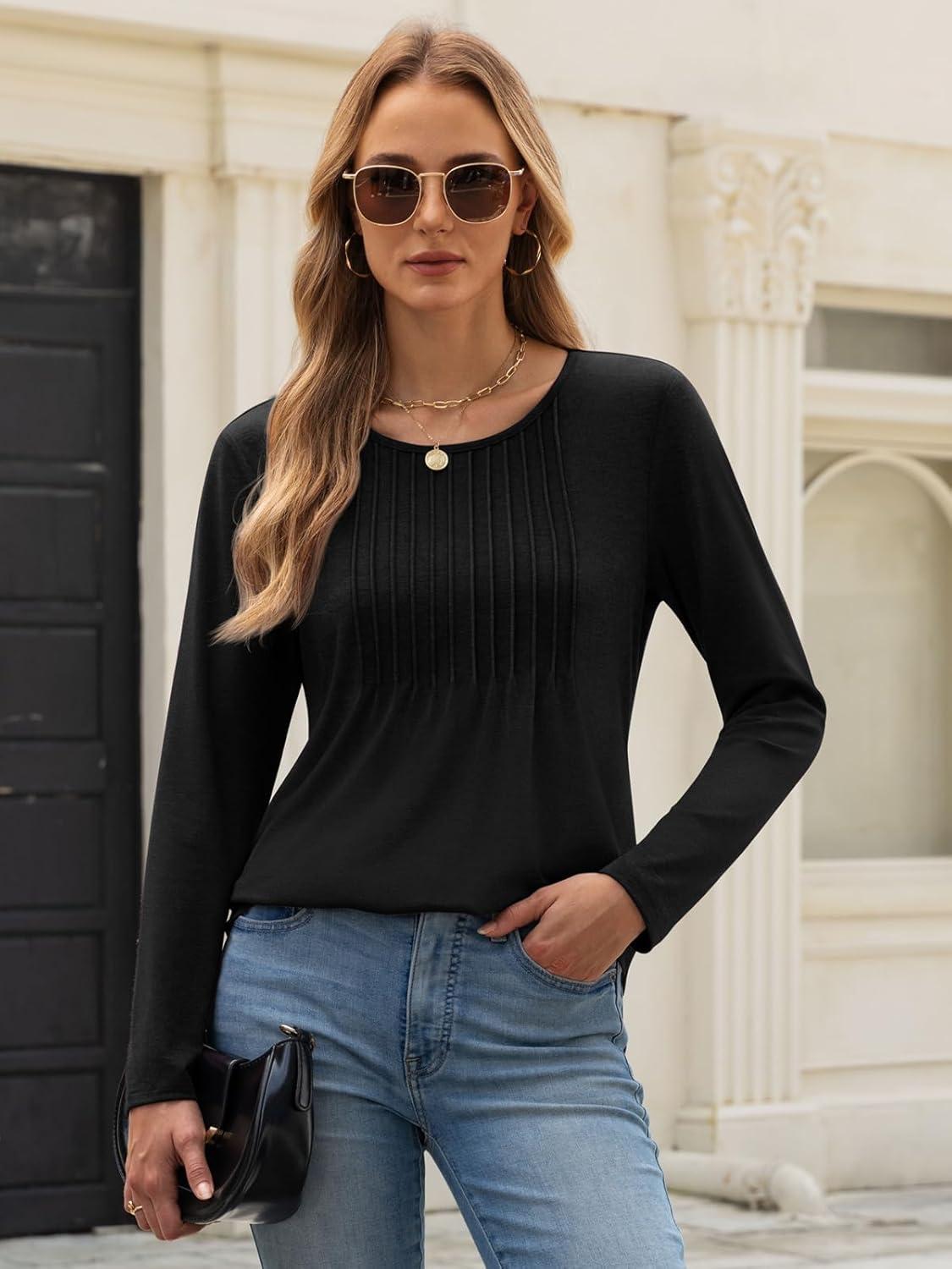 imageATHMILE Womens Long Sleeve Shirts Business Casual Blouse Dressy Fall Spring Basic Outfits Trendy Loose Fit Tunic TopsBlack