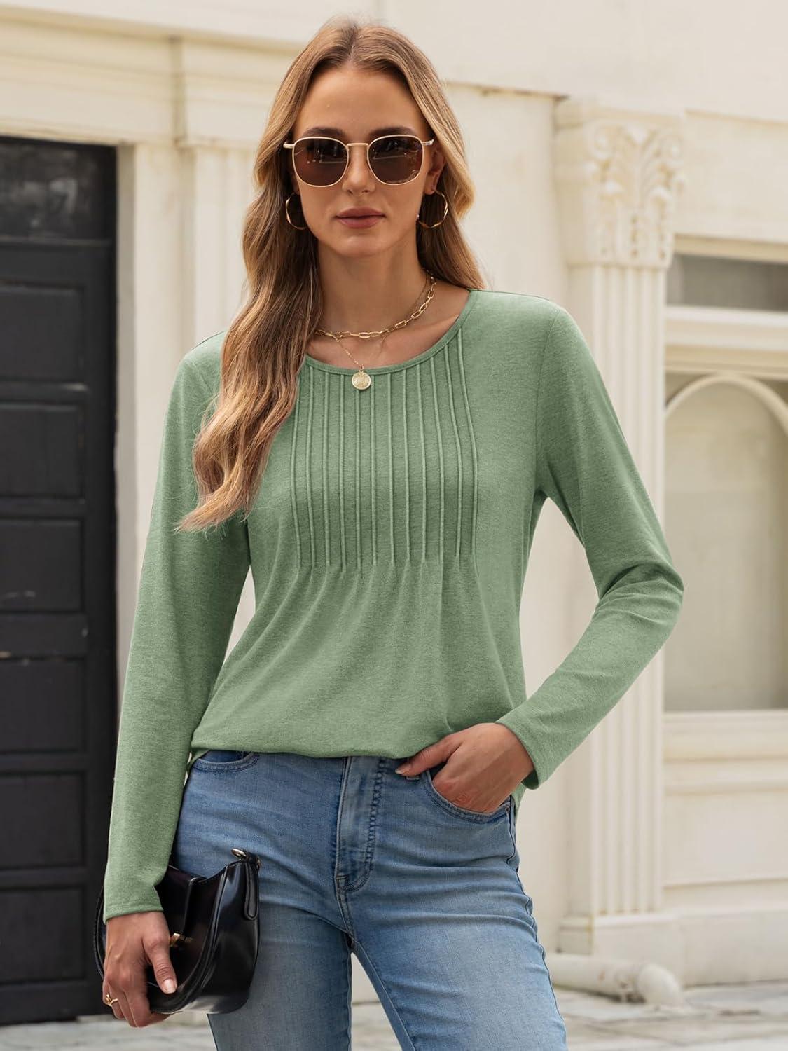 imageATHMILE Womens Long Sleeve Shirts Business Casual Blouse Dressy Fall Spring Basic Outfits Trendy Loose Fit Tunic TopsLight Green