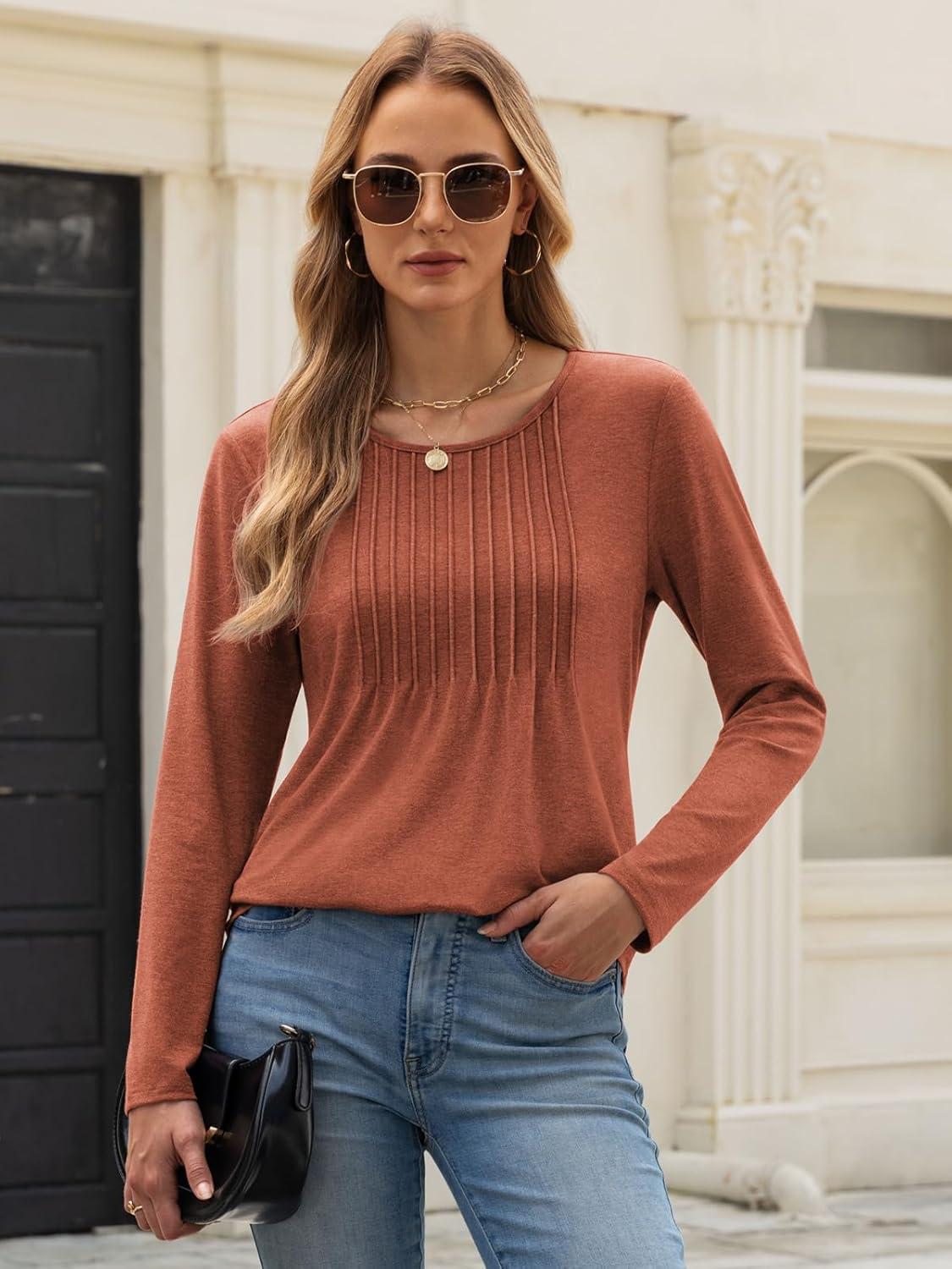 imageATHMILE Womens Long Sleeve Shirts Business Casual Blouse Dressy Fall Spring Basic Outfits Trendy Loose Fit Tunic TopsMaple