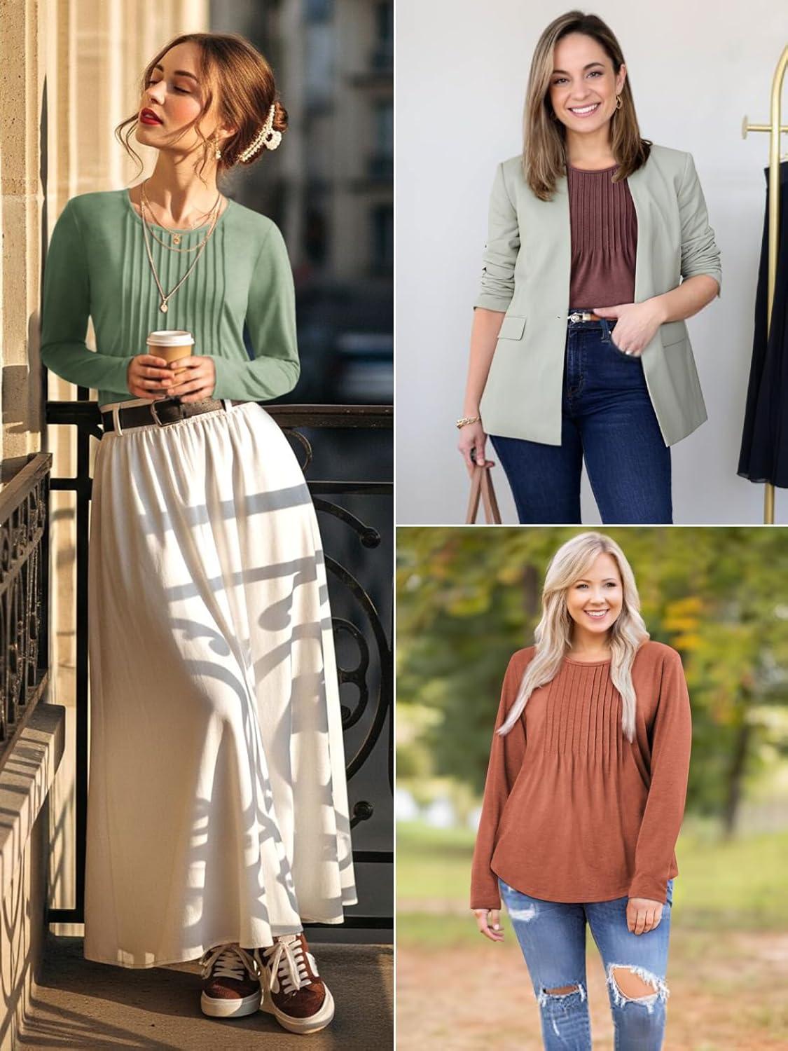 imageATHMILE Womens Long Sleeve Shirts Business Casual Blouse Dressy Fall Spring Basic Outfits Trendy Loose Fit Tunic TopsMaple