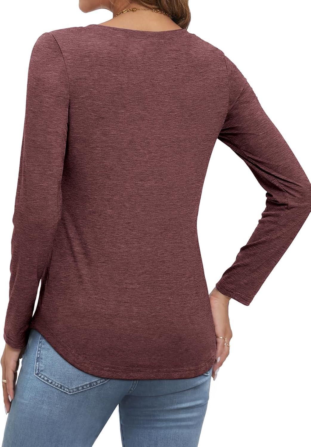 imageATHMILE Womens Long Sleeve Shirts Business Casual Blouse Dressy Fall Spring Basic Outfits Trendy Loose Fit Tunic TopsWine Red