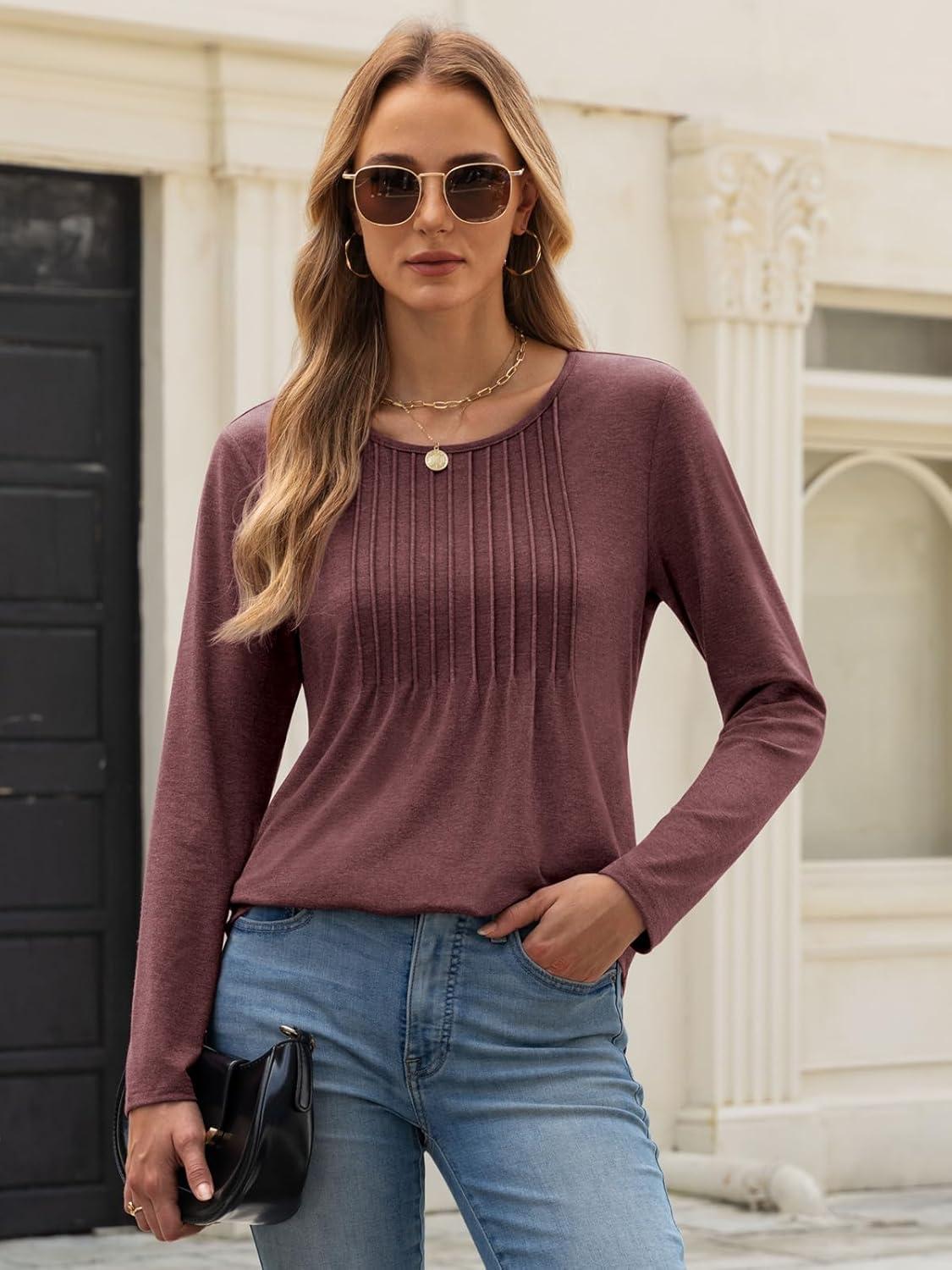 imageATHMILE Womens Long Sleeve Shirts Business Casual Blouse Dressy Fall Spring Basic Outfits Trendy Loose Fit Tunic TopsWine Red