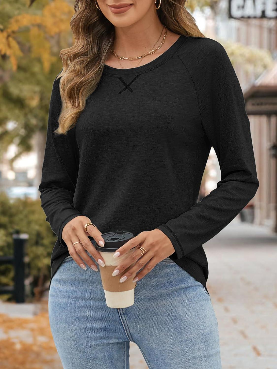 imageATHMILE Womens Long Sleeve Shirts Casual Loose Fit Tops Fall Fashion Outfits Dressy Basic Trendy Blouses ClothesBlack