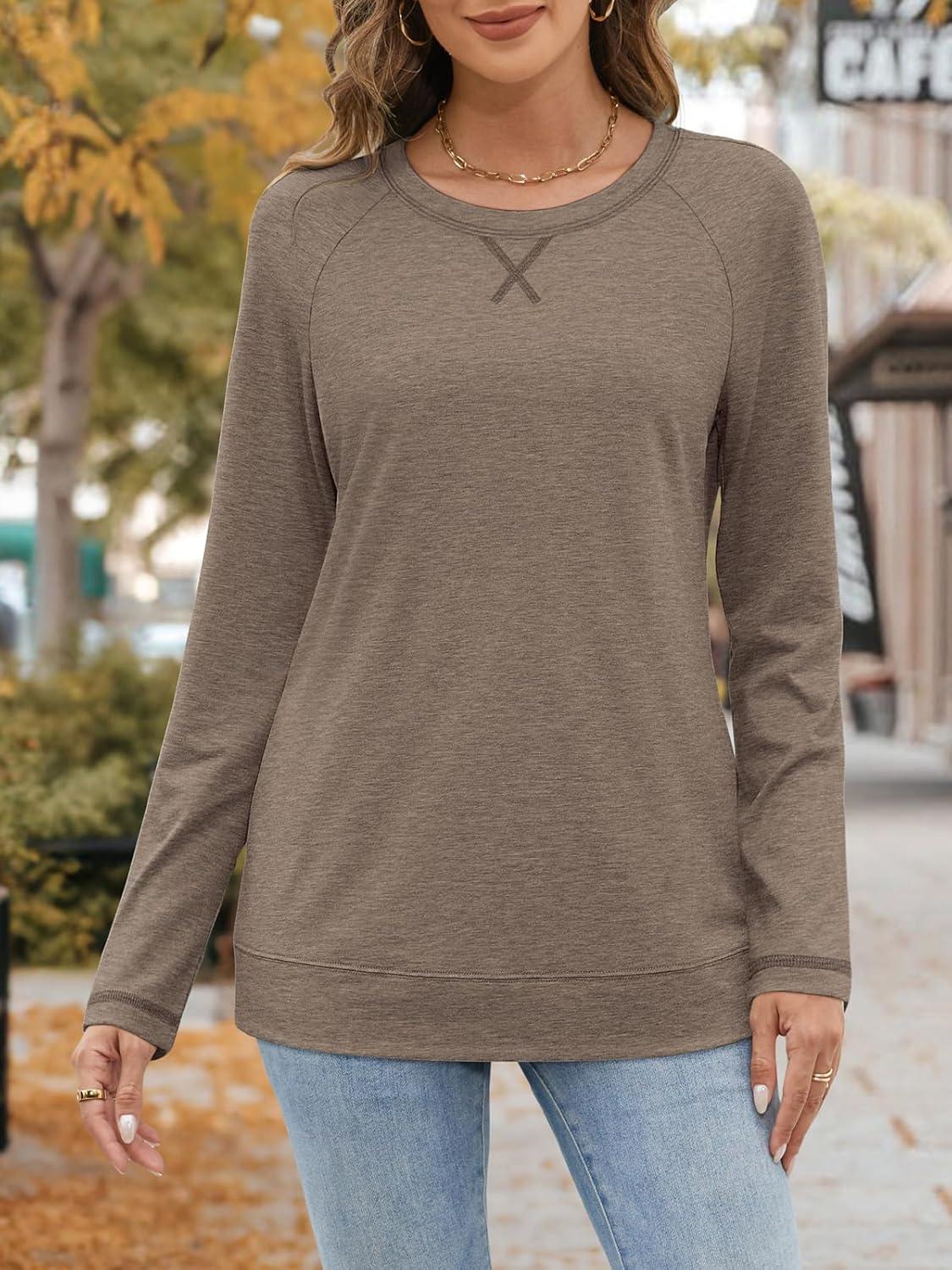 imageATHMILE Womens Long Sleeve Shirts Casual Loose Fit Tops Fall Fashion Outfits Dressy Basic Trendy Blouses ClothesCoffee Grey