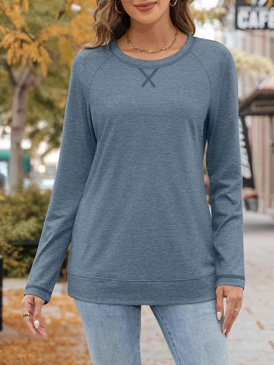 imageATHMILE Womens Long Sleeve Shirts Casual Loose Fit Tops Fall Fashion Outfits Dressy Basic Trendy Blouses ClothesGrey Blue