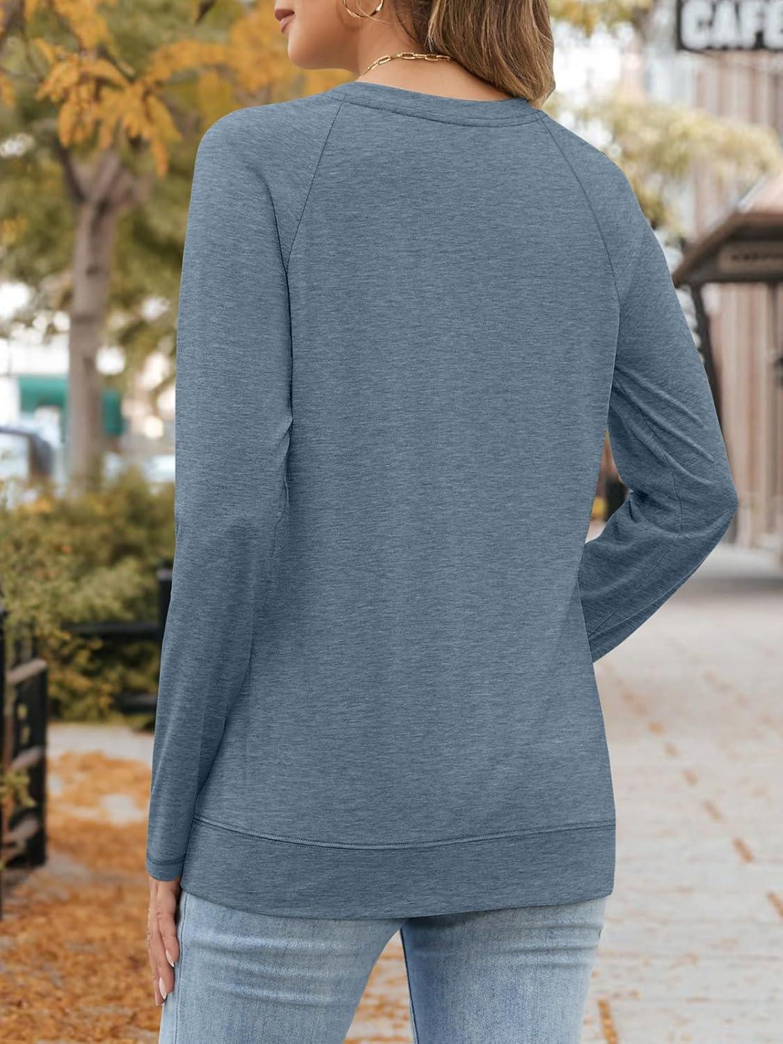 imageATHMILE Womens Long Sleeve Shirts Casual Loose Fit Tops Fall Fashion Outfits Dressy Basic Trendy Blouses ClothesGrey Blue