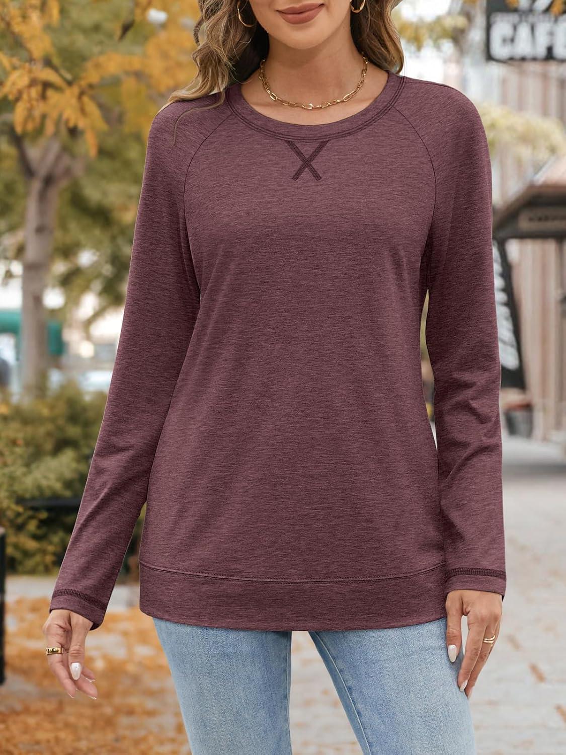 imageATHMILE Womens Long Sleeve Shirts Casual Loose Fit Tops Fall Fashion Outfits Dressy Basic Trendy Blouses ClothesWine Red