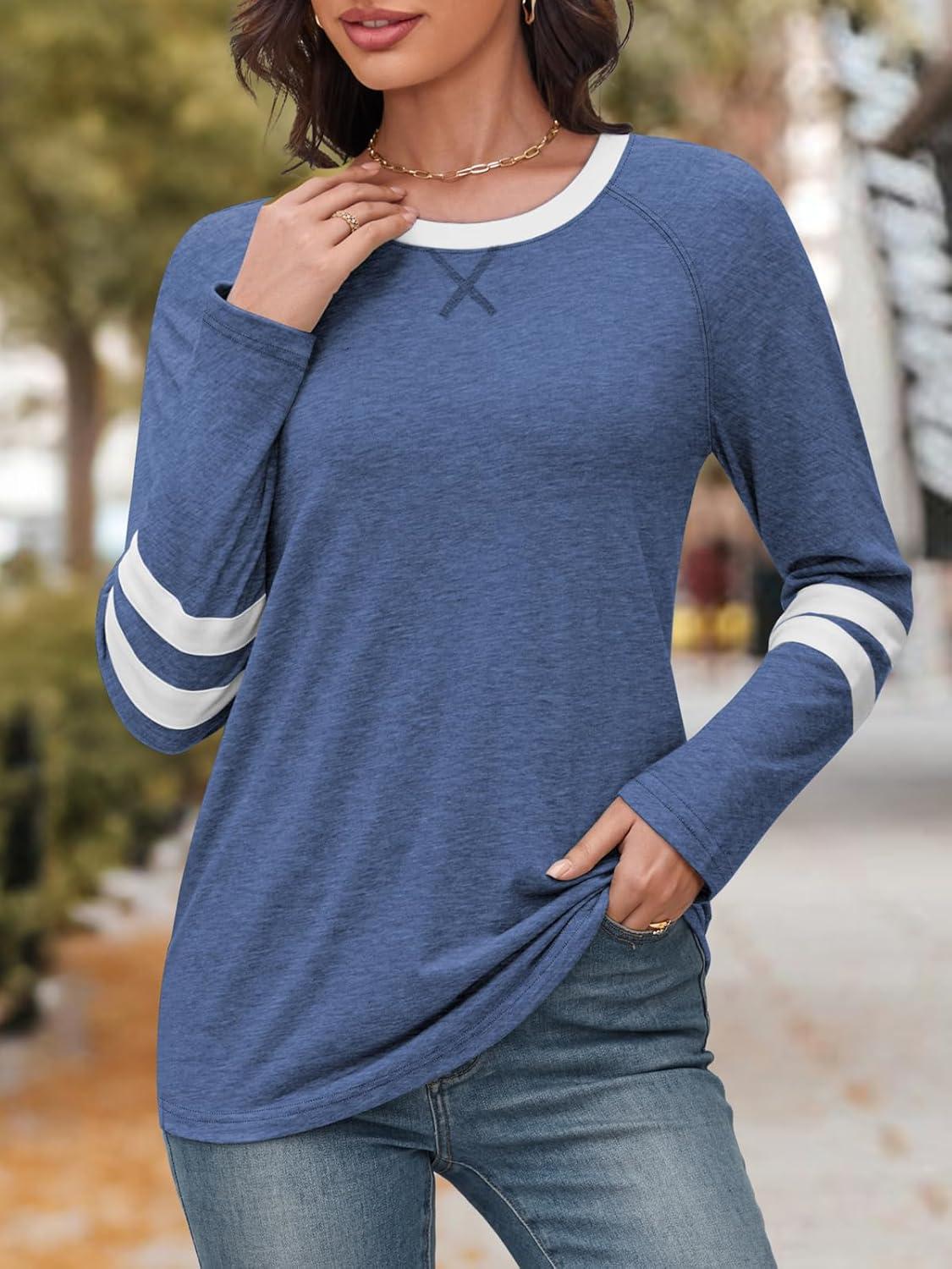 imageATHMILE Womens Long Sleeve Shirts Color Block Casual Crewneck Tops Tshirt Basic Tee Fall Fashion Clothes Trendy Outfits 2025Blue