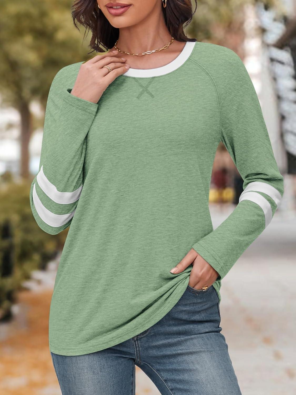 imageATHMILE Womens Long Sleeve Shirts Color Block Casual Crewneck Tops Tshirt Basic Tee Fall Fashion Clothes Trendy Outfits 2025Light Green