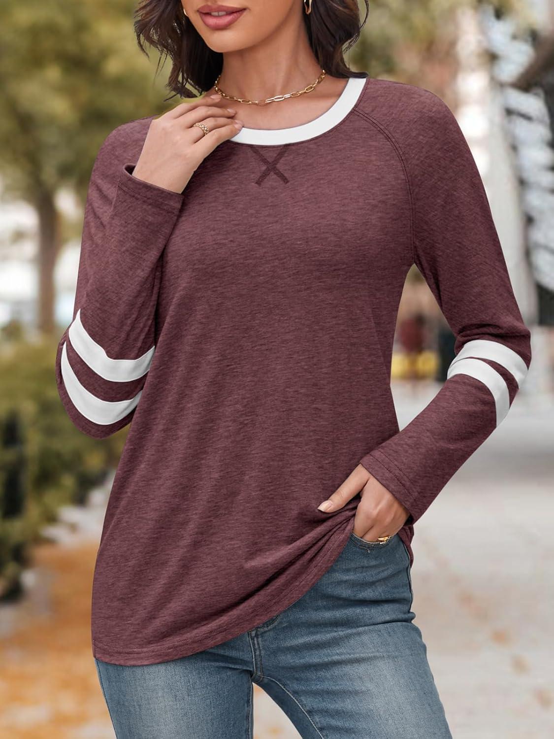 imageATHMILE Womens Long Sleeve Shirts Color Block Casual Crewneck Tops Tshirt Basic Tee Fall Fashion Clothes Trendy Outfits 2025Winered