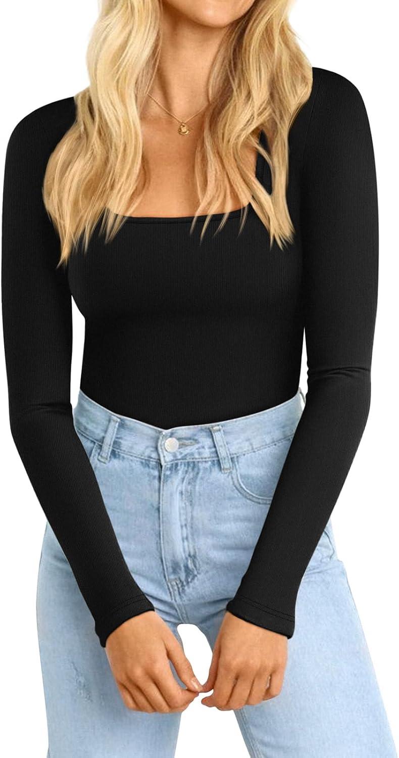 imageATHMILE Womens Square Neck Long Sleeve Bodysuit Ribbed Slim Fitted TopsBlack