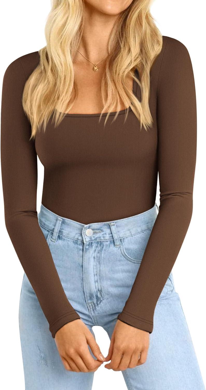 imageATHMILE Womens Square Neck Long Sleeve Bodysuit Ribbed Slim Fitted TopsCoffee