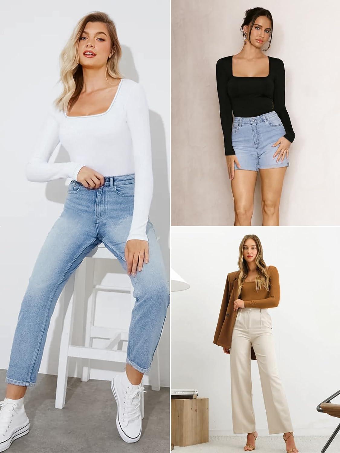 imageATHMILE Womens Square Neck Long Sleeve Bodysuit Ribbed Slim Fitted TopsCoffee