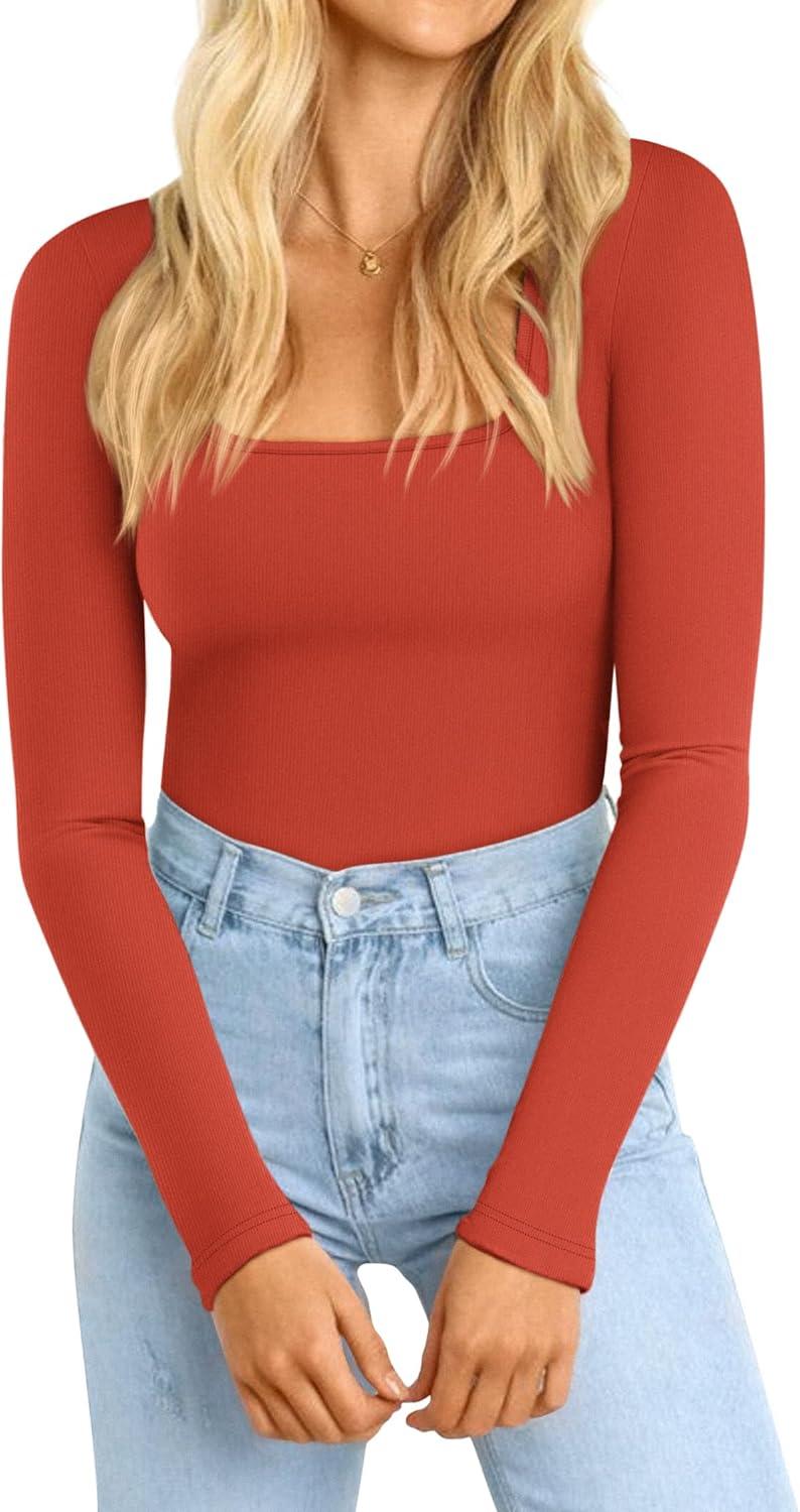 imageATHMILE Womens Square Neck Long Sleeve Bodysuit Ribbed Slim Fitted TopsRed