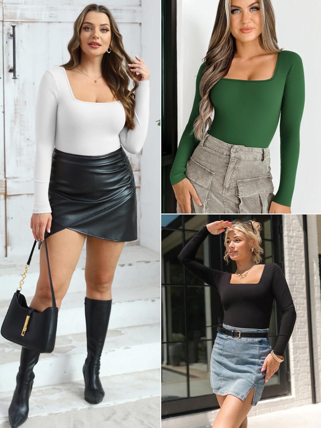 imageATHMILE Womens Square Neck Long Sleeve Bodysuit Ribbed Slim Fitted TopsWhite