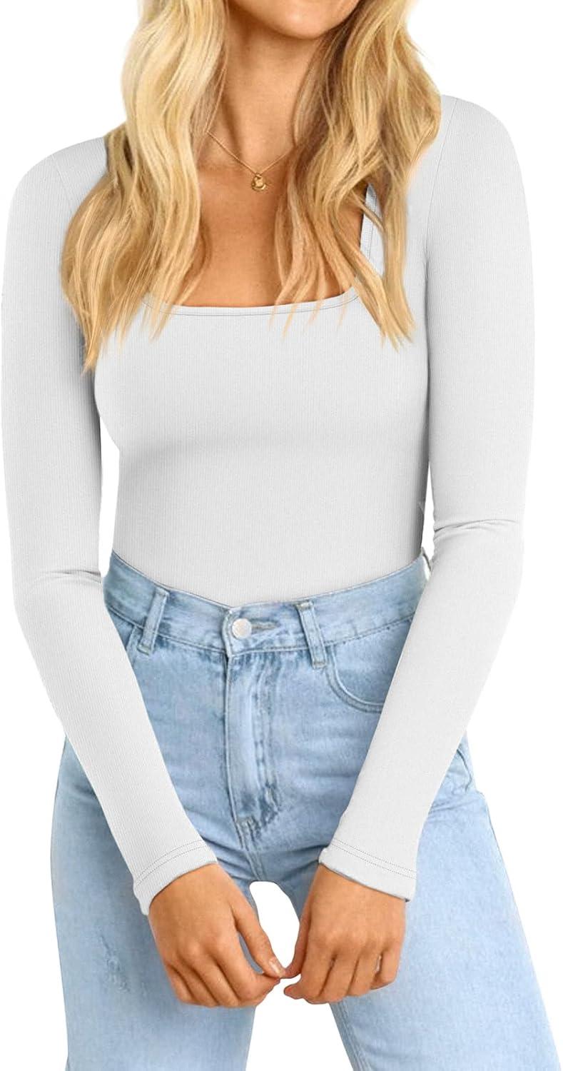 imageATHMILE Womens Square Neck Long Sleeve Bodysuit Ribbed Slim Fitted TopsWhite