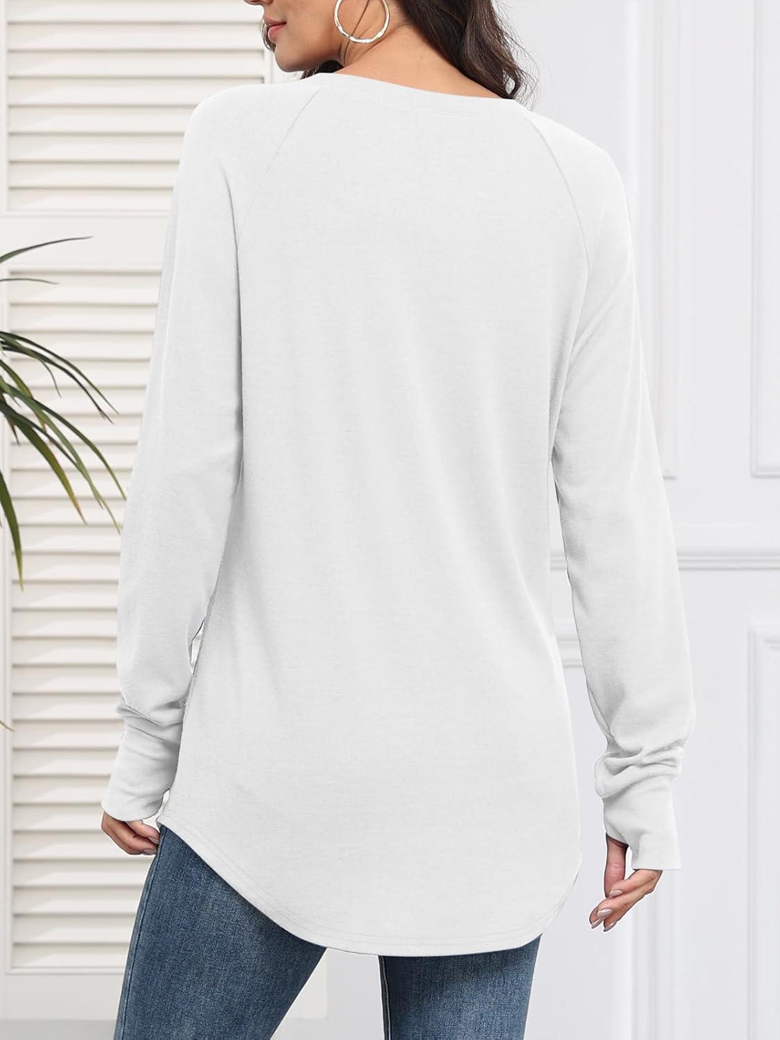 imageATHMILE Womens Tunic Tops to Wear with Leggings Fall Long Sleeve Thumb Hole Shirts Crew Neck Curved Hem Fashion Clothes 2025White