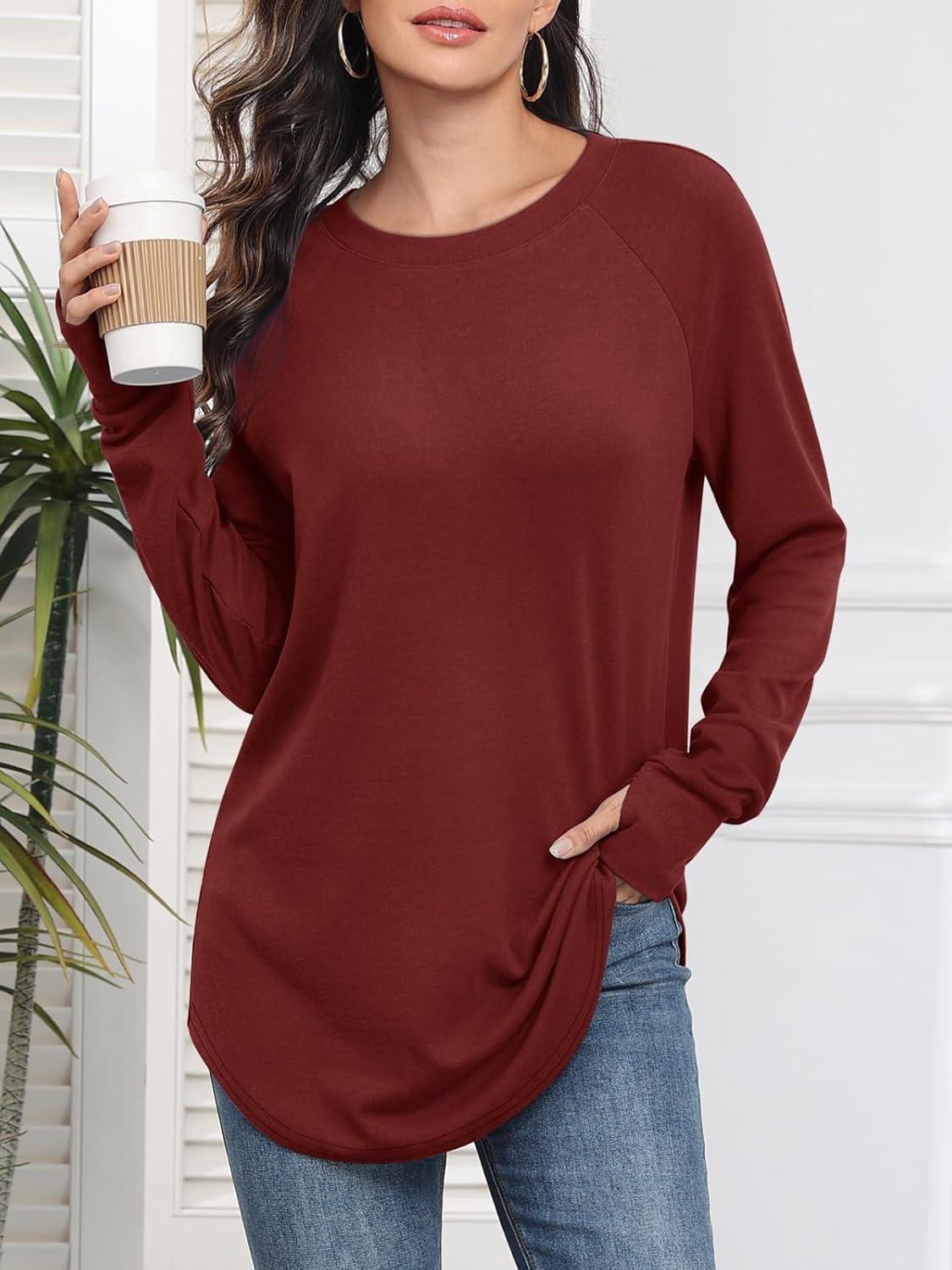 imageATHMILE Womens Tunic Tops to Wear with Leggings Fall Long Sleeve Thumb Hole Shirts Crew Neck Curved Hem Fashion Clothes 2025Wine Red