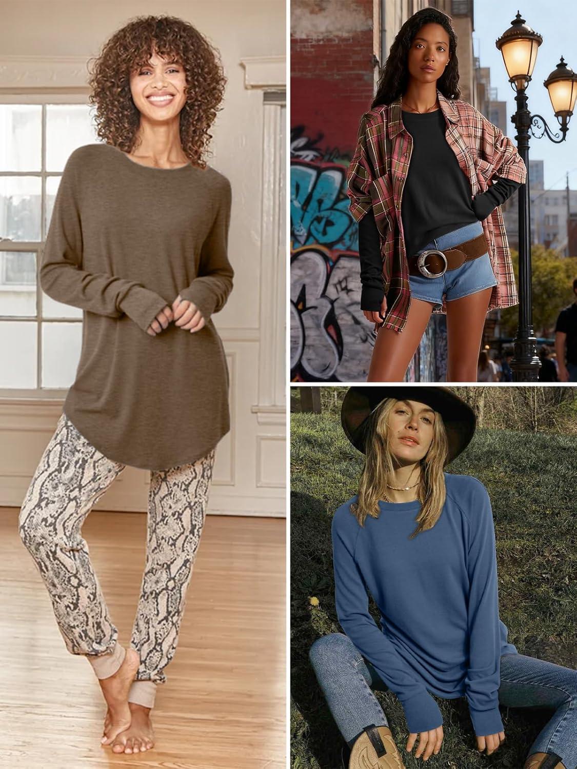 imageATHMILE Womens Tunic Tops to Wear with Leggings Fall Long Sleeve Thumb Hole Shirts Crew Neck Curved Hem Fashion Clothes 2025Wine Red