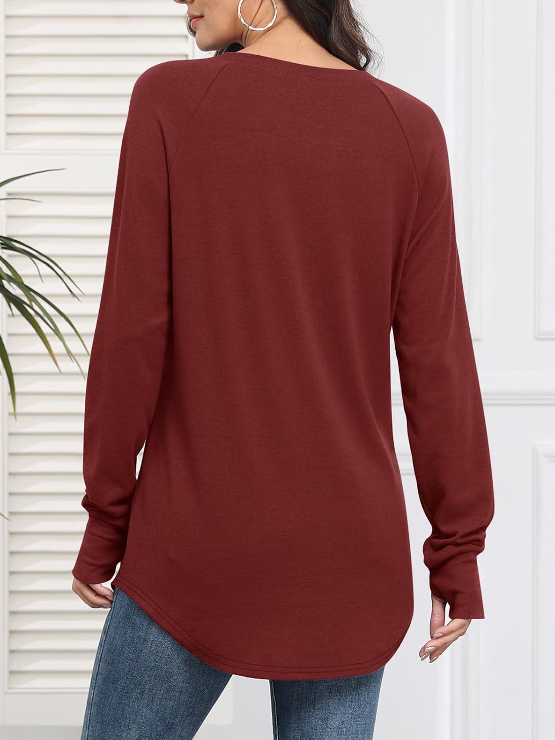 imageATHMILE Womens Tunic Tops to Wear with Leggings Fall Long Sleeve Thumb Hole Shirts Crew Neck Curved Hem Fashion Clothes 2025Wine Red