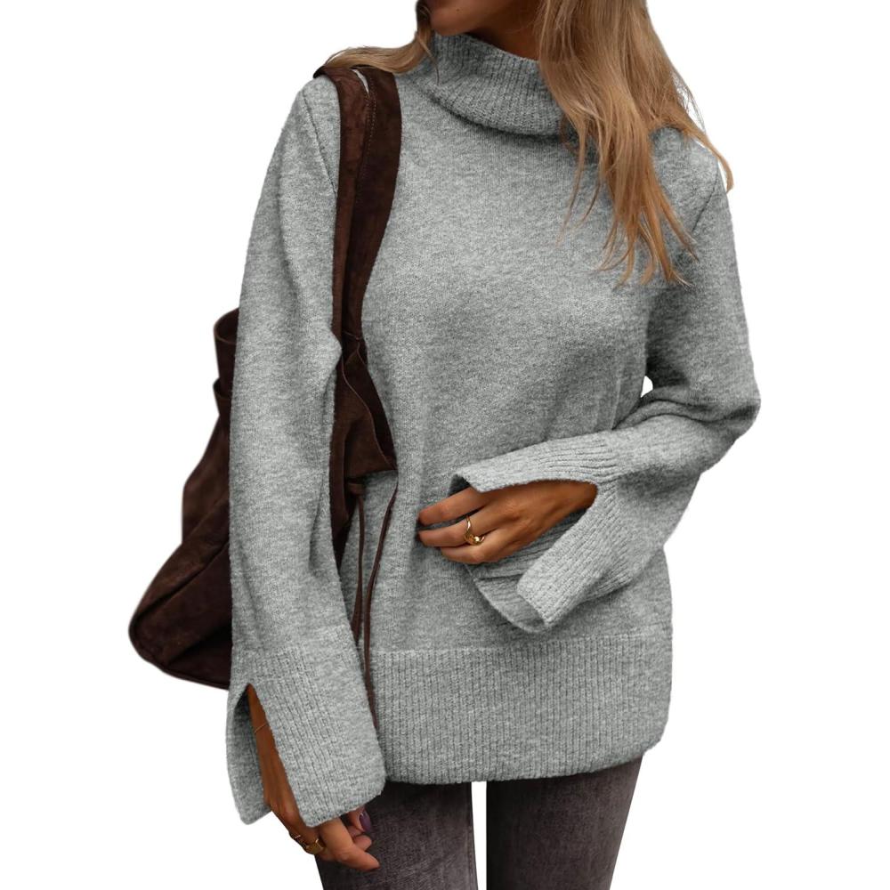 imageATHMILE Fall Fashion Sweaters for Women Turtleneck Long Sleeve Casual Loose Knit Pullover Tops Winter Clothes 2025Grey