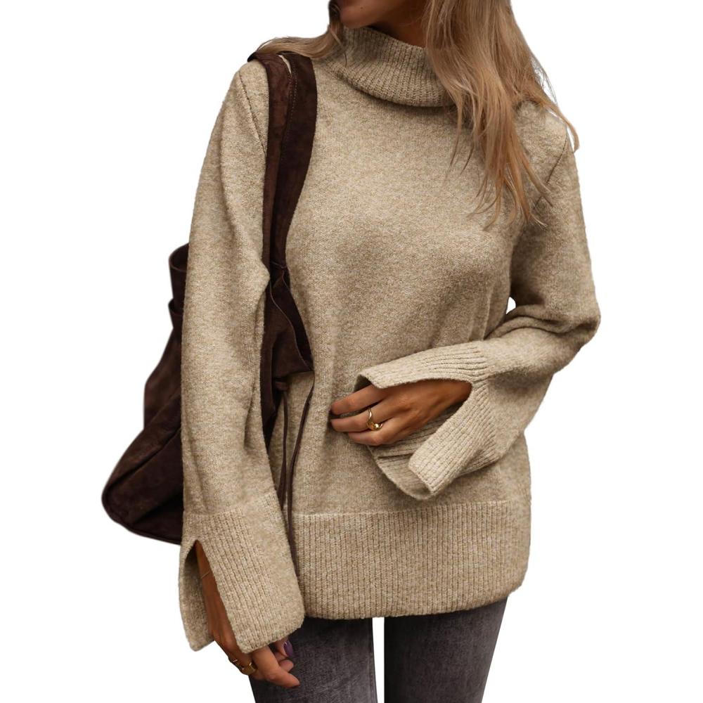 imageATHMILE Fall Fashion Sweaters for Women Turtleneck Long Sleeve Casual Loose Knit Pullover Tops Winter Clothes 2025Khaki