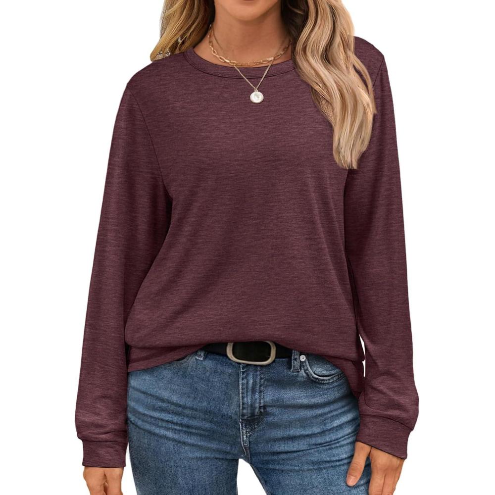 imageATHMILE Fall Long Sleeve Shirts for Women Fashion Oversized Tees Casual Business Tops Loose Fit Solid Basic Outfits 2025Wine Red